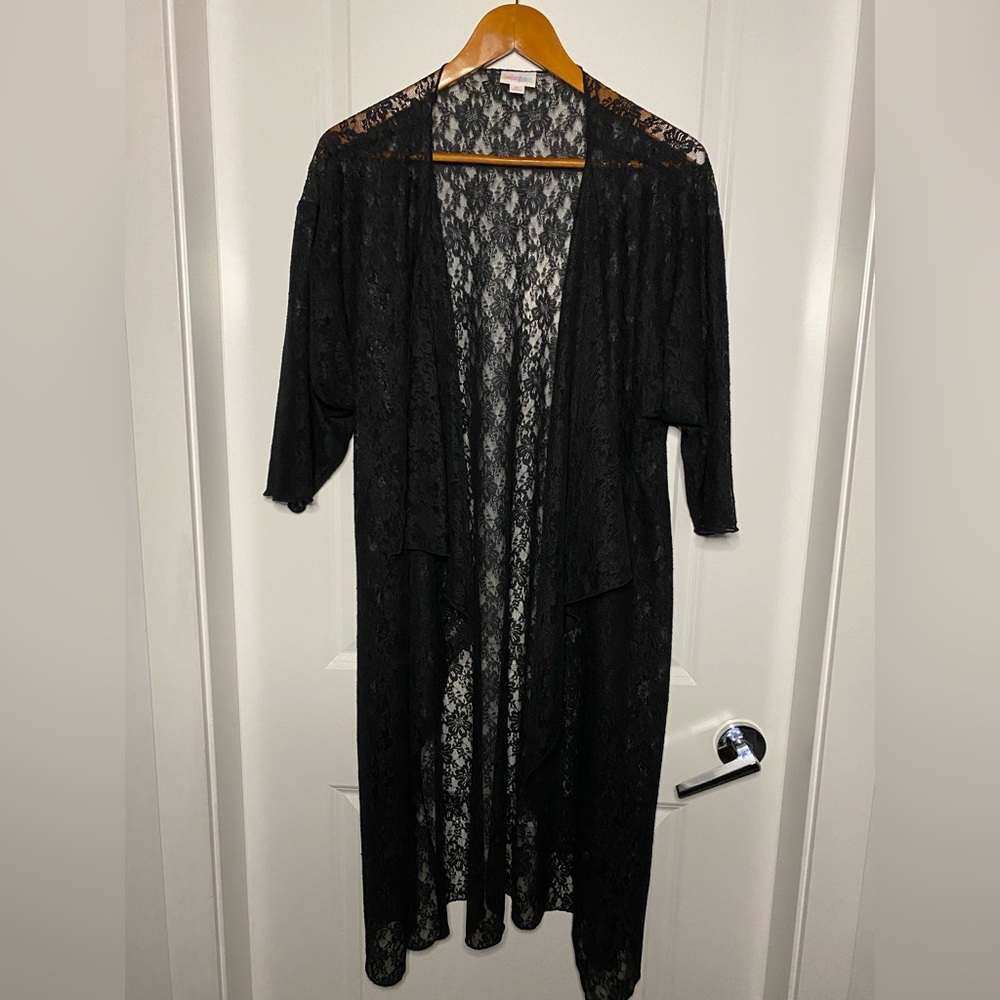 Lularoe long, black, lace overlay sweater with 3/4 length sleeve.